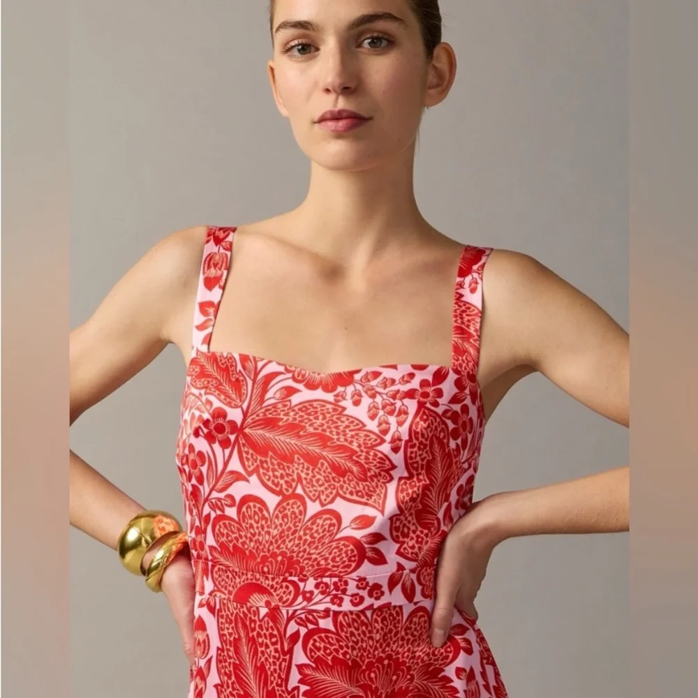 NWT JCrew Collection fitted luster crepe flare-hem dress in coral floral print - Picture 3 of 4